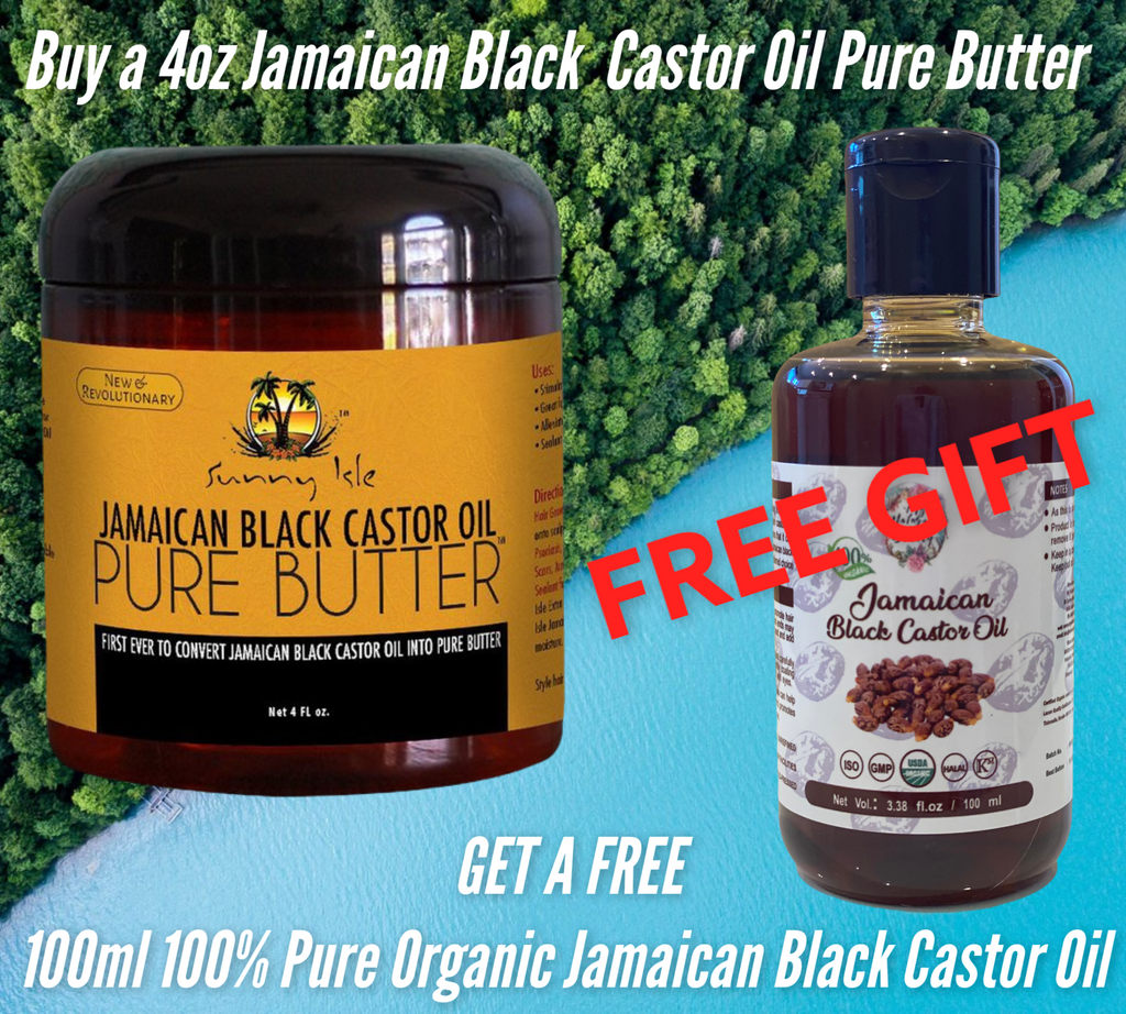 Sunny Isle Jamaican Black Castor Oil Pure Butter 4 fl oz (118 mls ) and receive a 100ml 100% Pure Organic Jamaican Black Castor Oil FREE.   You are purchasing 1x Sunny Isle Jamaican Black Castor Oil Pure Butter 4 fl oz (118 mls ) . You will get the following product as a gift valued at $29.95 absolutely FREE!  1x 100% Pure Organic Jamaican Black Castor Oil 100ml (Usually $29.95) FREE!