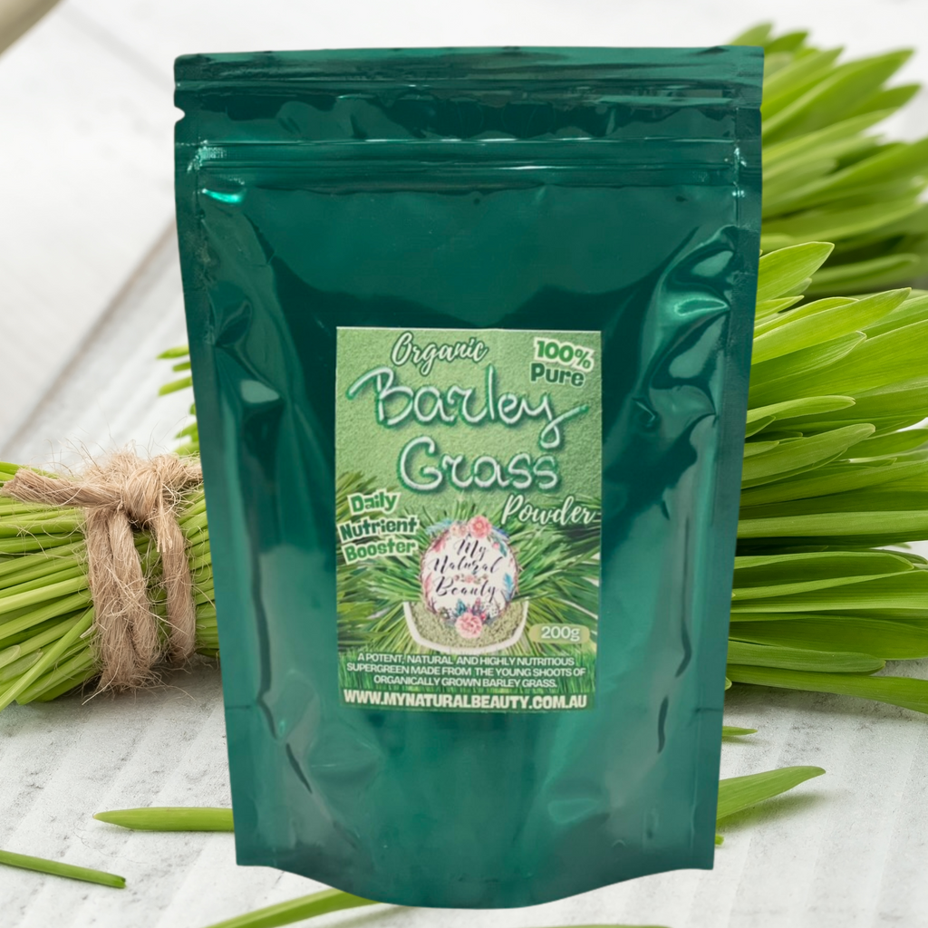 Teal package of barley grass powder with a label on a white background with barley grass stalks.