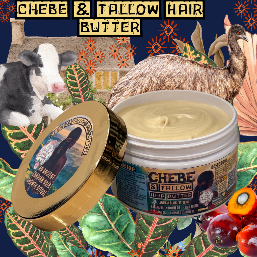Chebe & Tallow Hair Butter jar with lid on a colorful background with animals and nature elements.