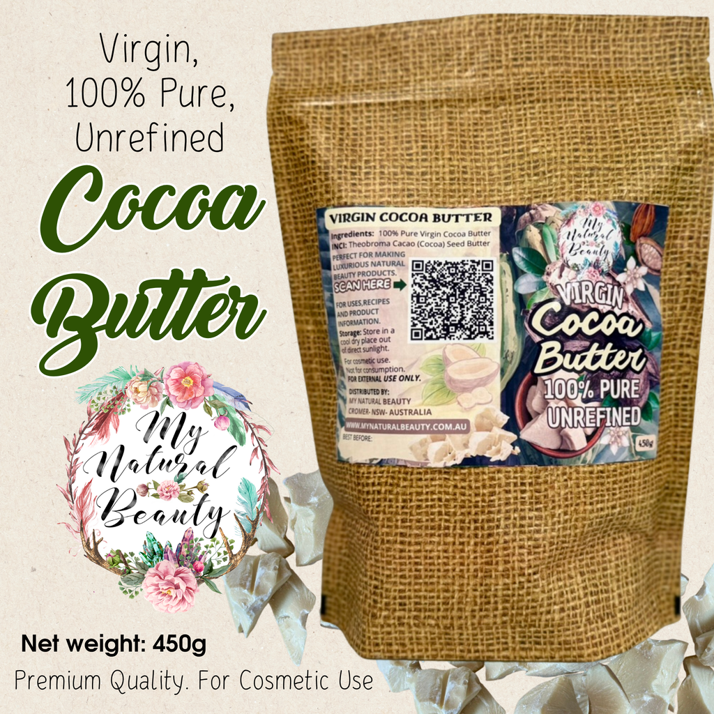 Bag of virgin cocoa butter with 'My Natural Beauty' branding on a beige background