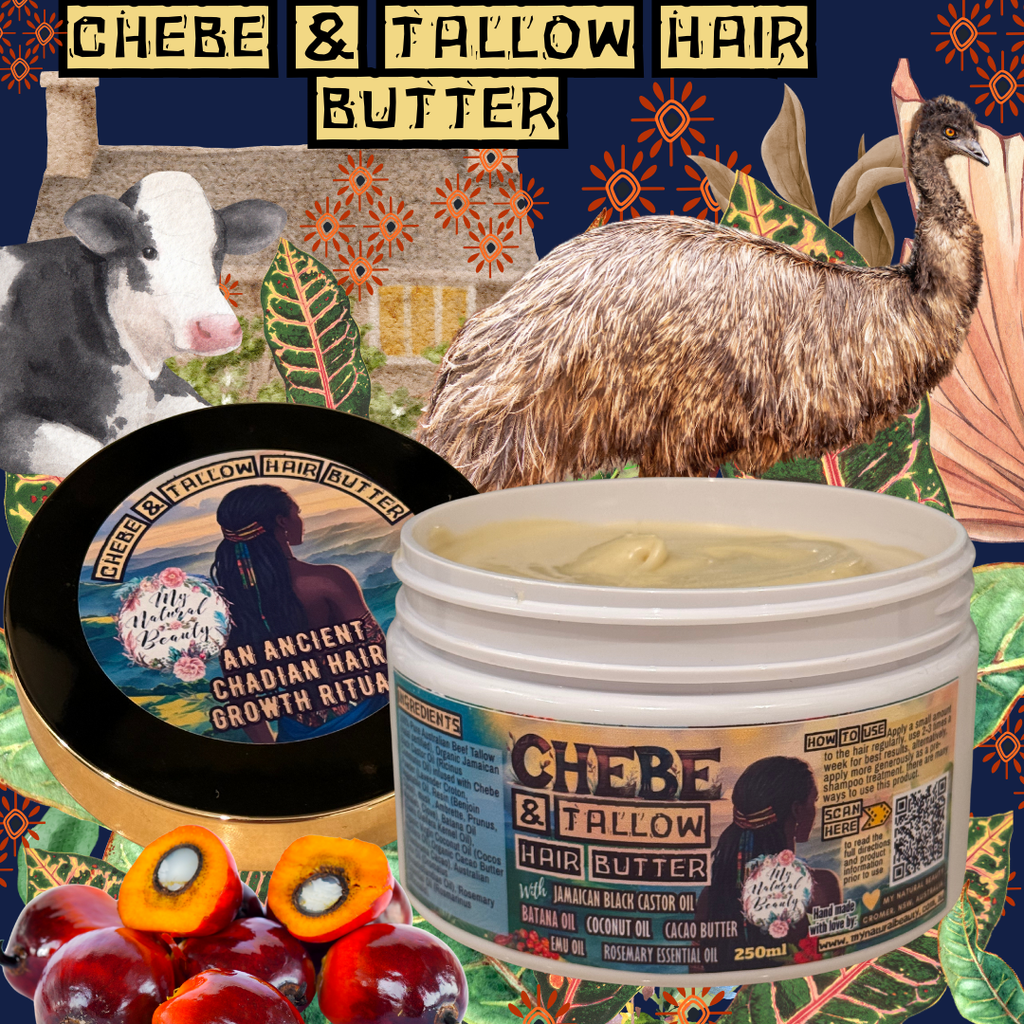 Chebe & Tallow Hair Butter jar with decorative background featuring animals and plants