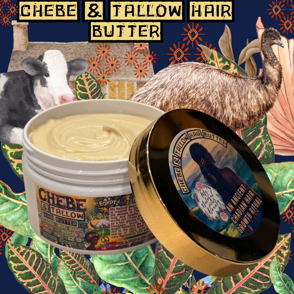 Chebe & Tallow hair butter jar with decorative background featuring animals and nature elements.