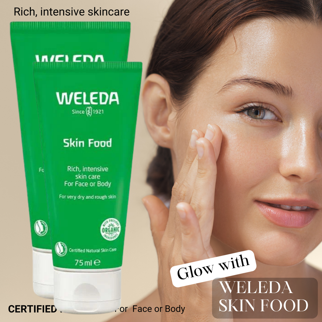 Weleda Skin Food packaging with a woman applying it to her face on a beige background