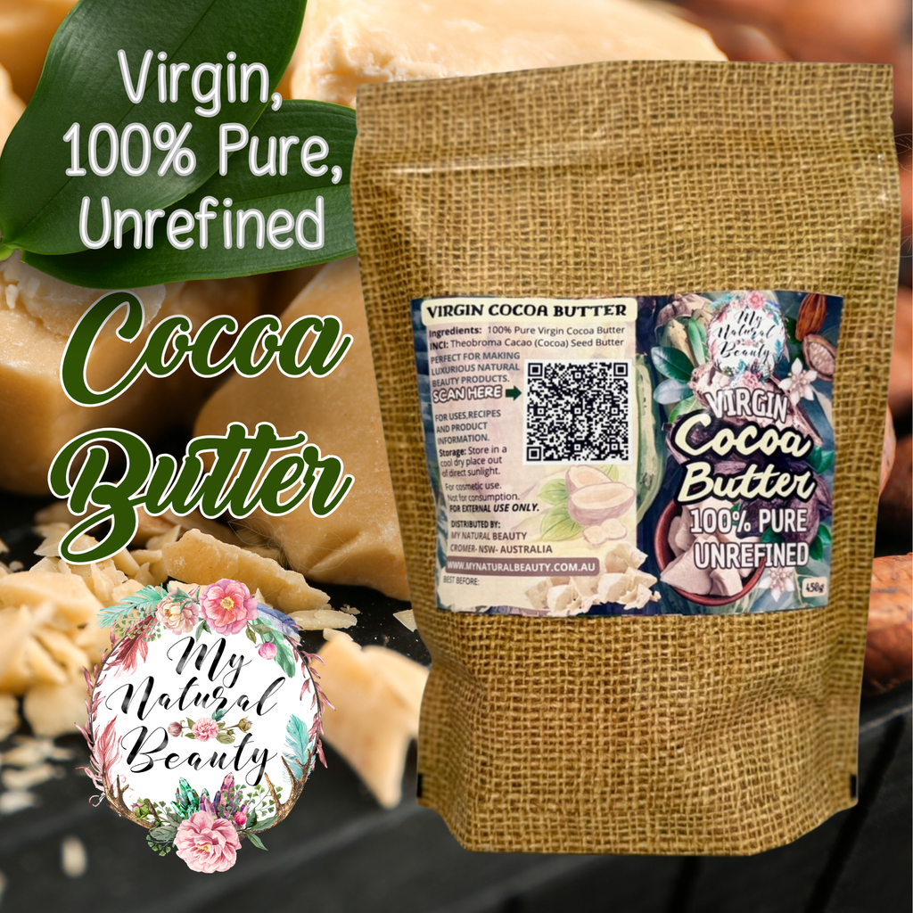 Bag of virgin cocoa butter with branding and product details on a blurred background