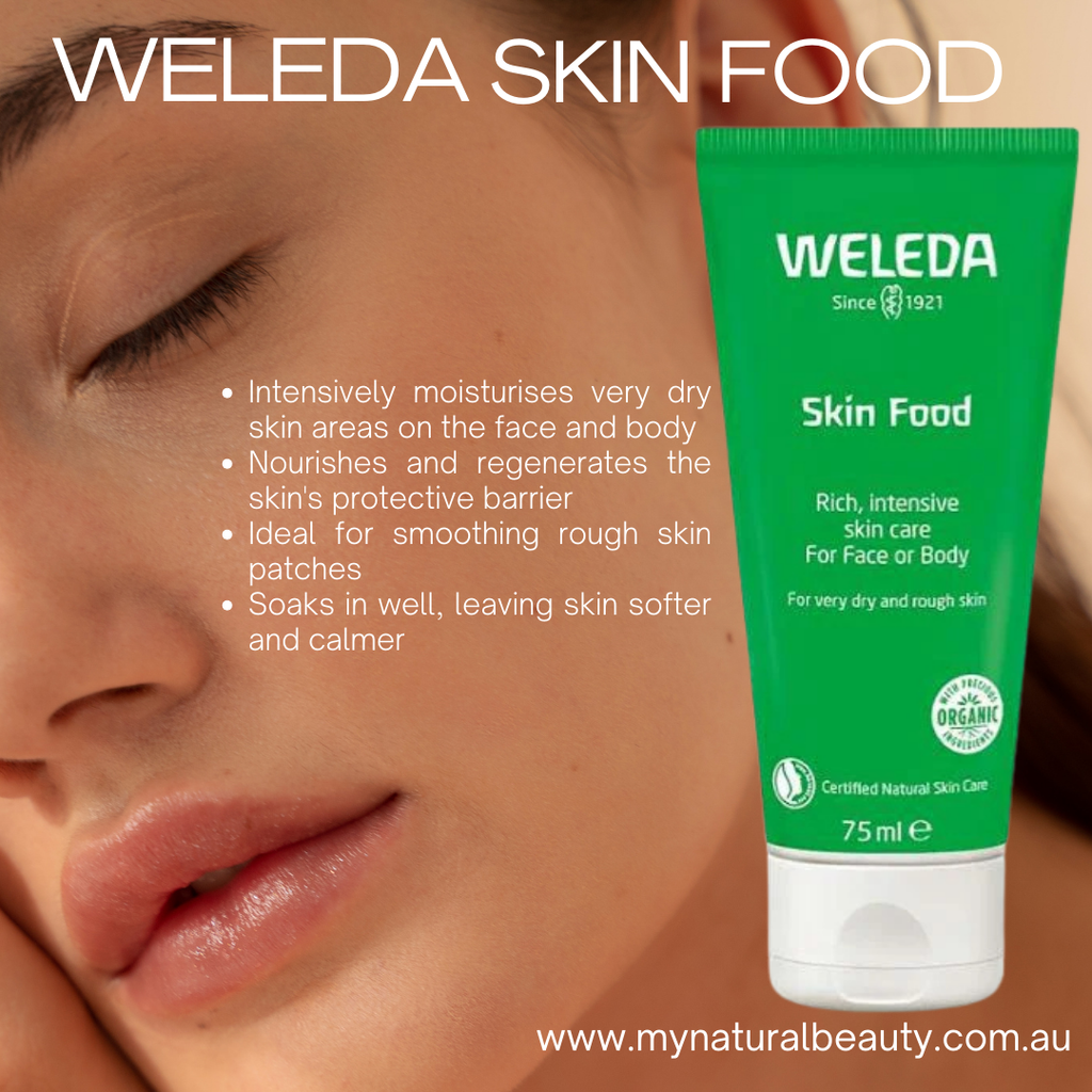 Weleda Skin Food tube with a close-up of skin and product details.