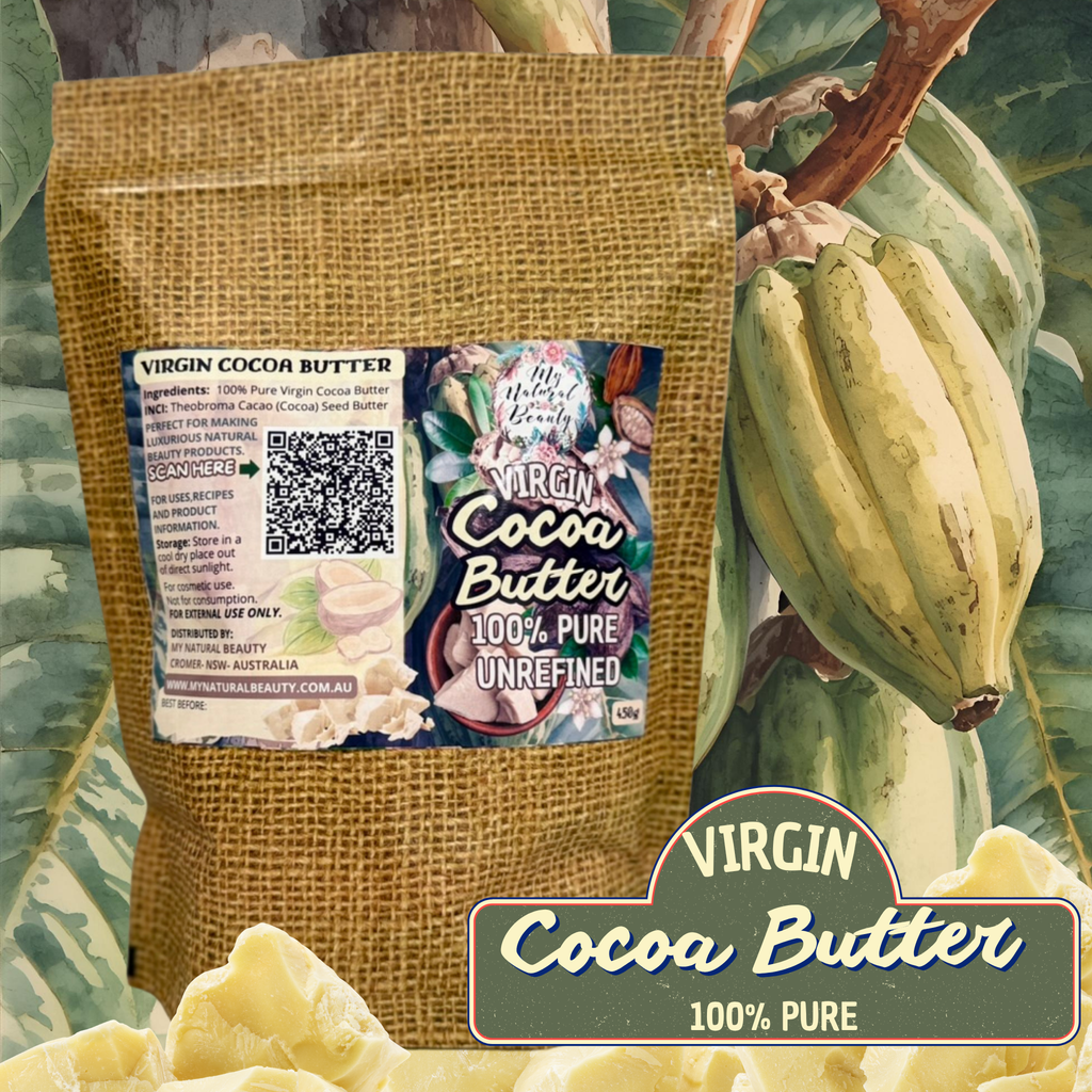 Bag of virgin cocoa butter with a label and cocoa bean in the background