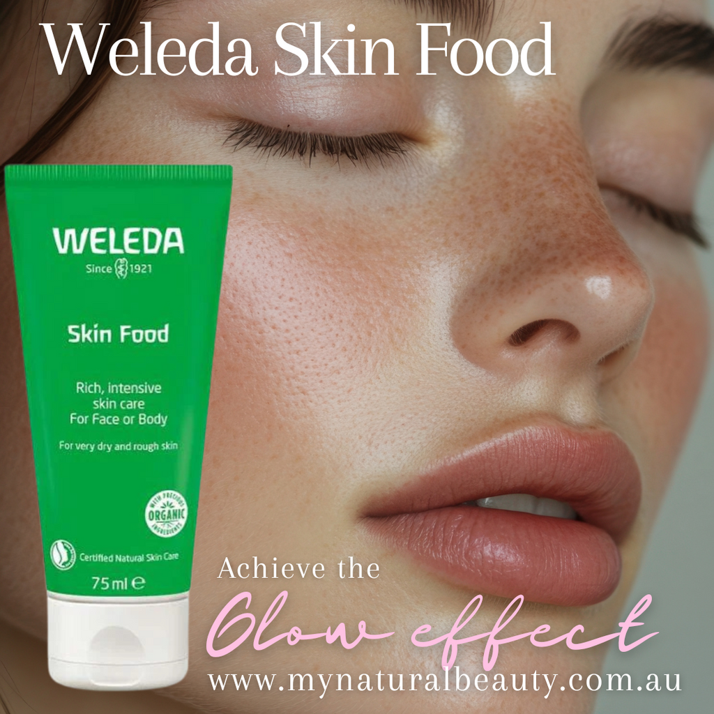 Weleda Skin Food tube with a close-up of a woman's face, promoting natural skincare.