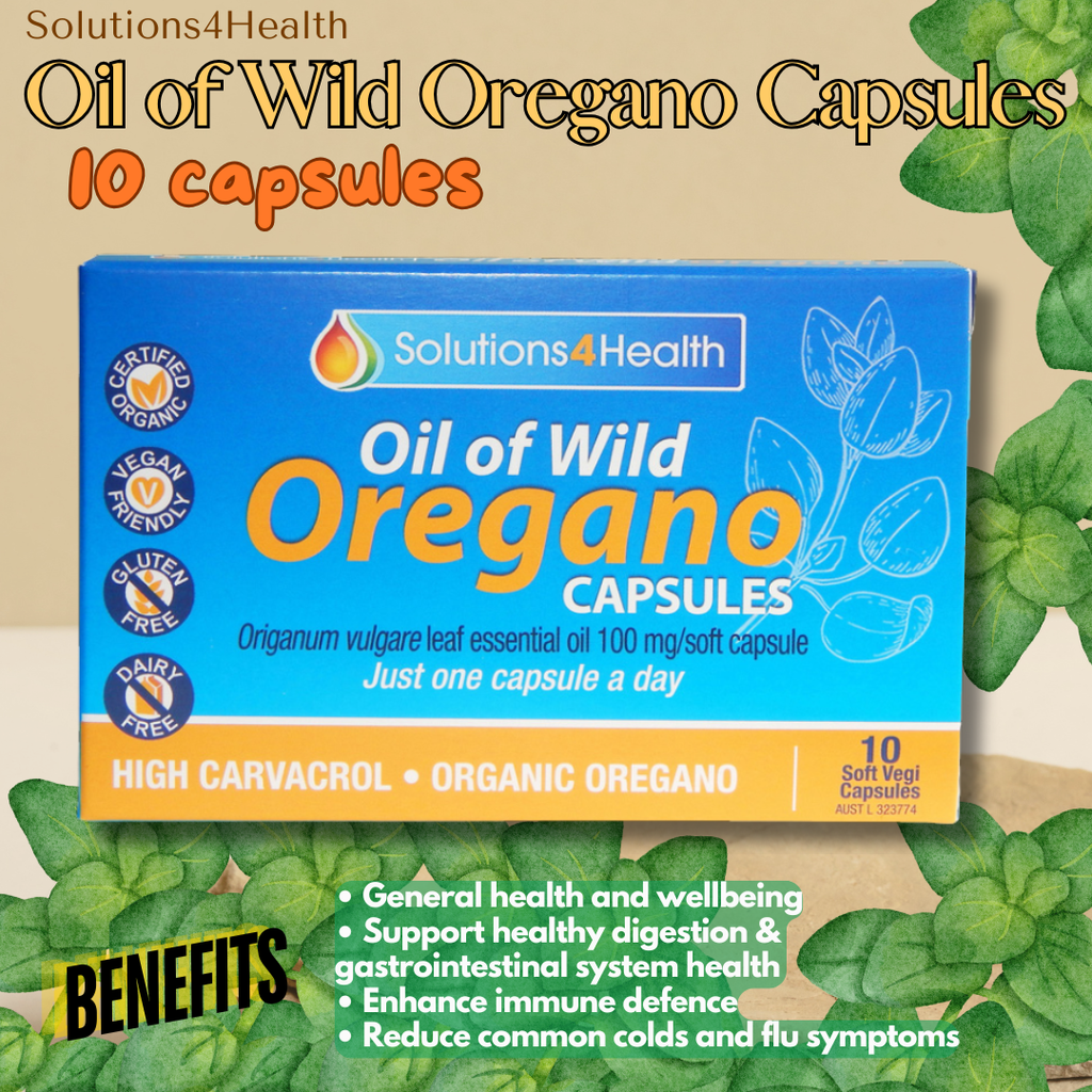Box of Solutions4Health Oil of Wild Oregano Capsules with green leaves in the background
