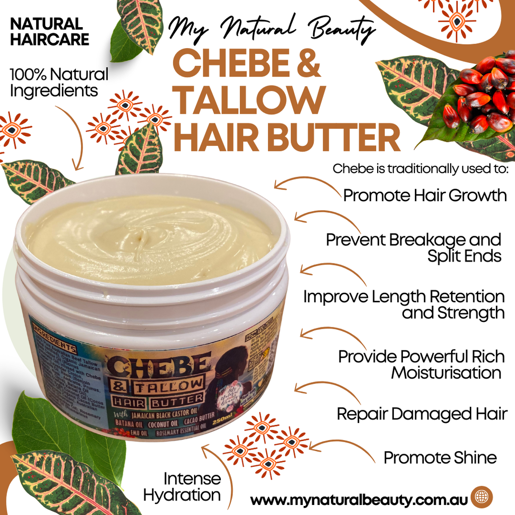 Chebe & Tallow Hair Butter packaging with natural ingredients and benefits listed.