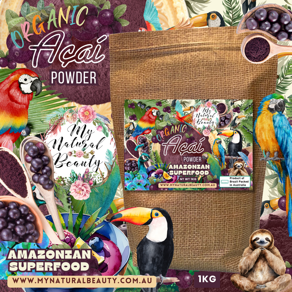 Bag of Organic Acai Powder with colorful parrot graphics and product details.
