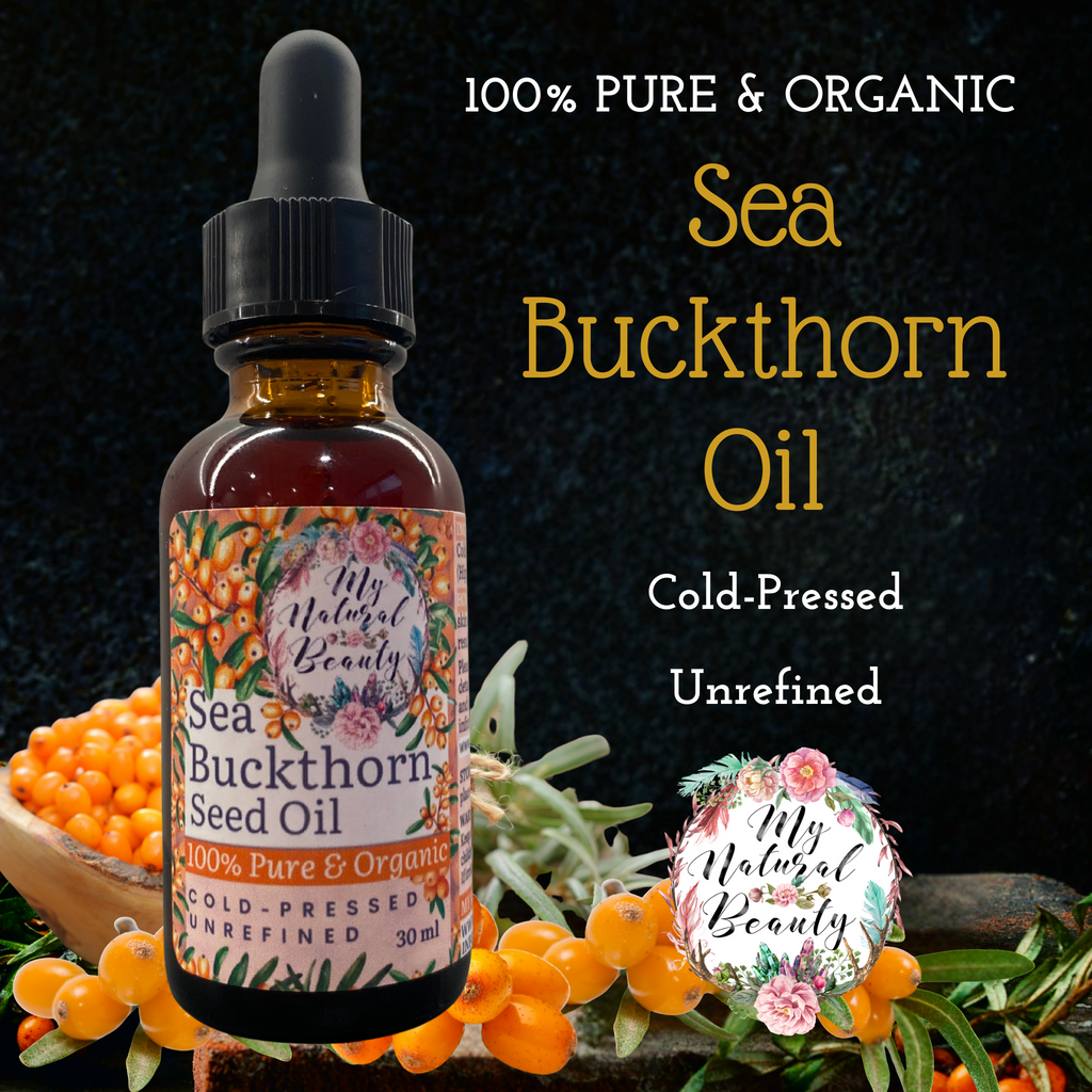 Bottle of Sea Buckthorn Oil with ingredients and branding on a dark background
