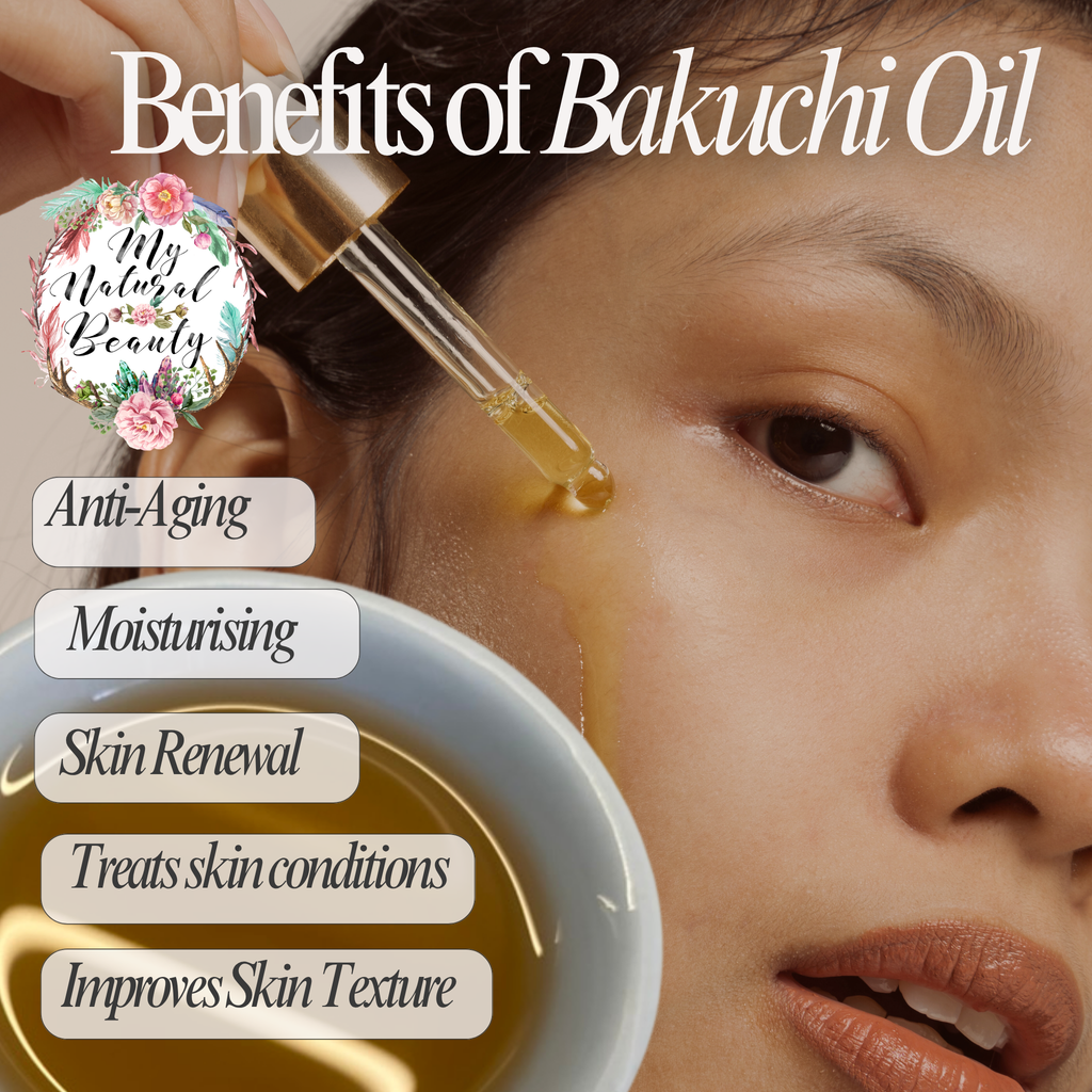 Advertisement for Bakuchi Oil with a dropper and text listing benefits on a close-up of a person's face.