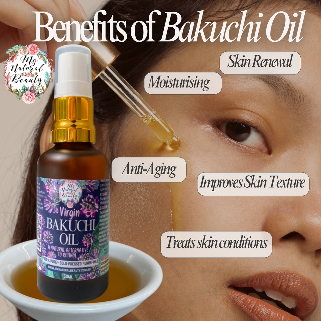 Bakuchiol oil bottle with dropper and text highlighting benefits on a blurred background