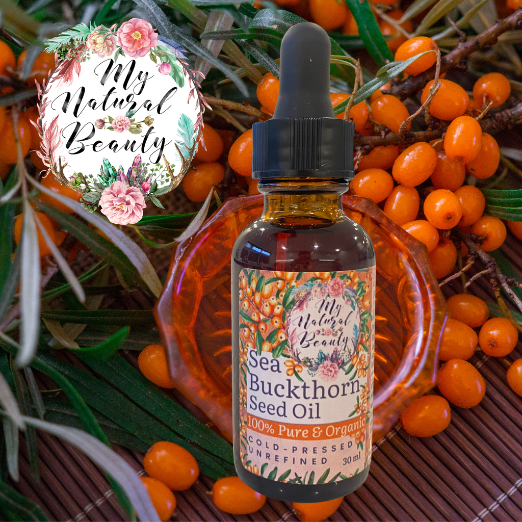 Bottle of Sea Buckthorn Seed Oil with Sea Buckthorn berries and 'My Natural Beauty' logo.