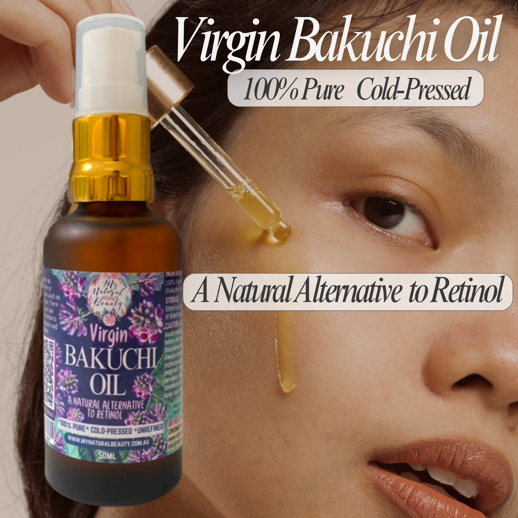Bakuchi oil bottle with dropper and text about its use as a natural alternative to Retinol.