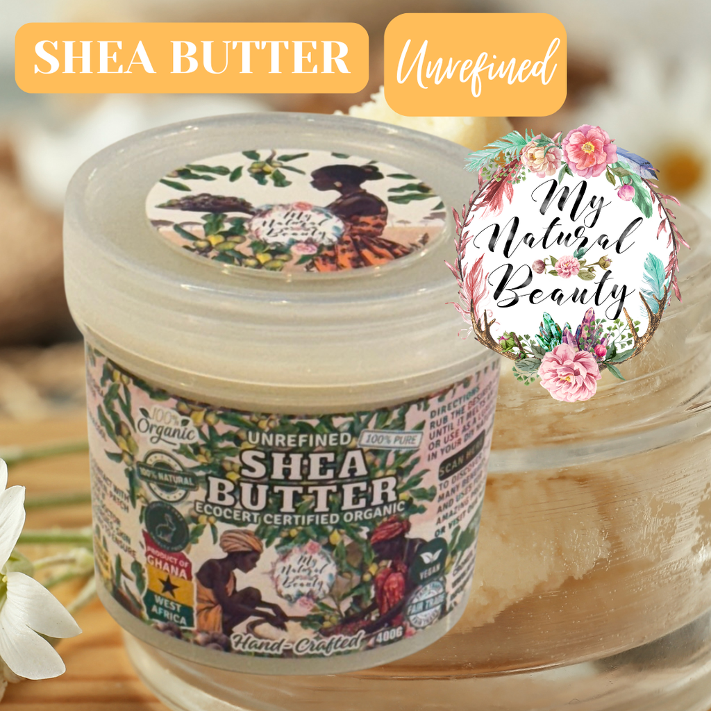 Jar of shea butter with a decorative label on a wooden surface