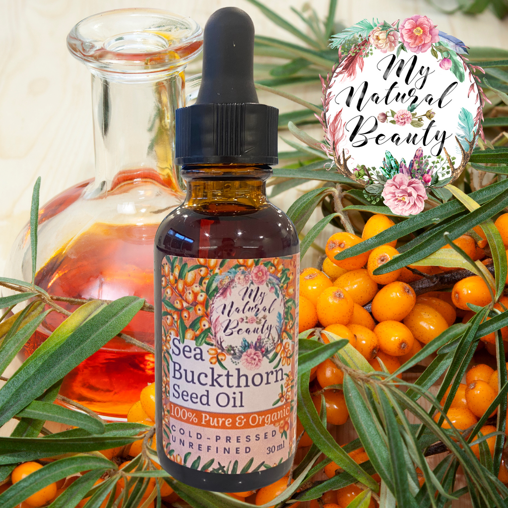 Bottle of Sea Buckthorn Seed Oil with sea buckthorn berries and leaves in the background, featuring 'My Natural Beauty' branding.