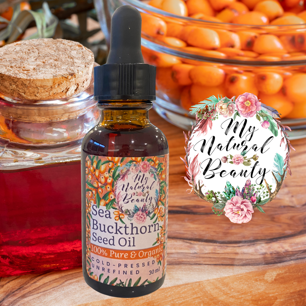 Bottle of Sea Buckthorn Seed Oil with a decorative label on a wooden surface, surrounded by natural elements.