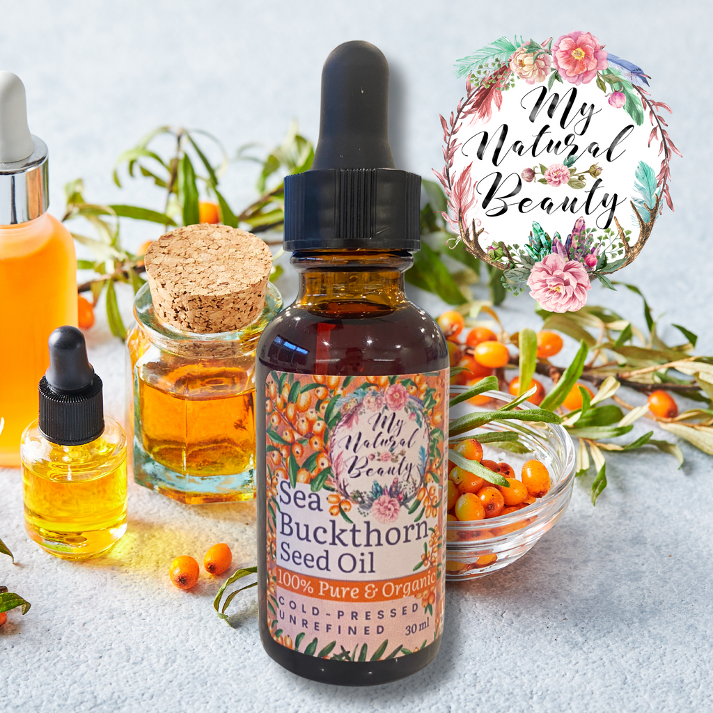 Sea Buckthorn Seed Oil bottle with natural elements and 'My Natural Beauty' branding.