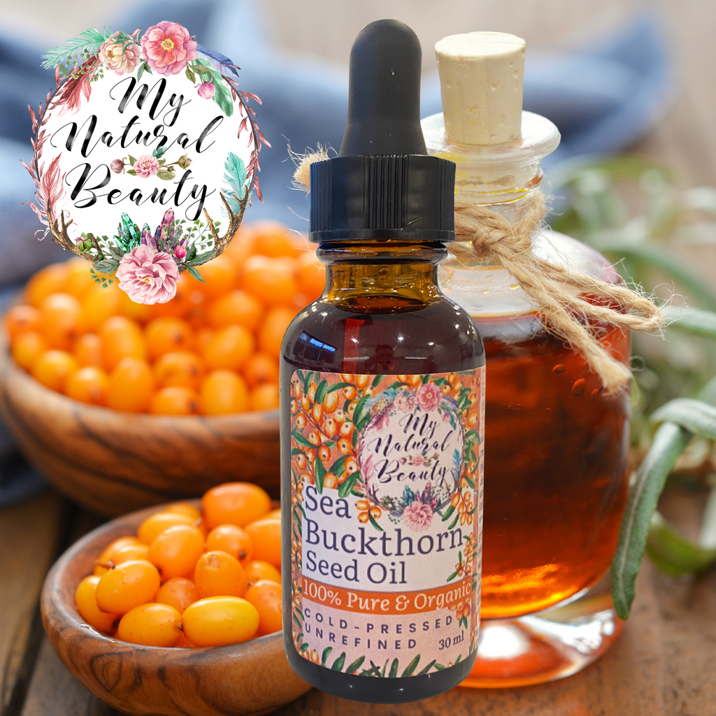 Sea Buckthorn Seed Oil bottle with a dropper and cork lid, surrounded by sea buckthorn berries.