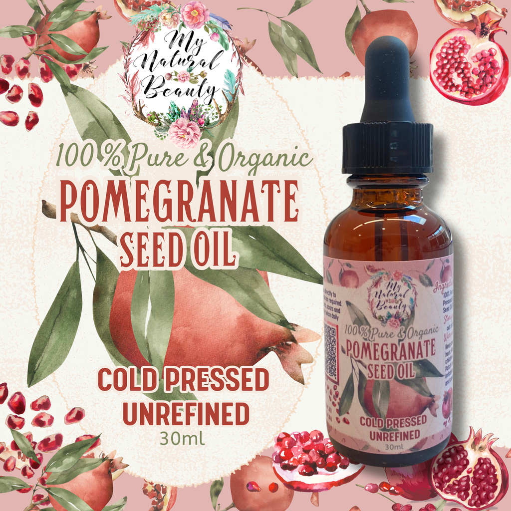 Pomegranate seed oil bottle with pomegranate graphics and 'My Natural Beauty' branding on a pink background.