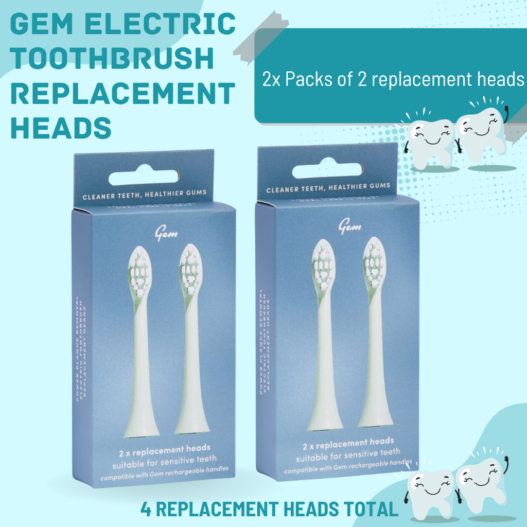 Gem Electric Toothbrush Replacement Heads Mint Green- 4 PACK (2 packets of 2 replacement heads)