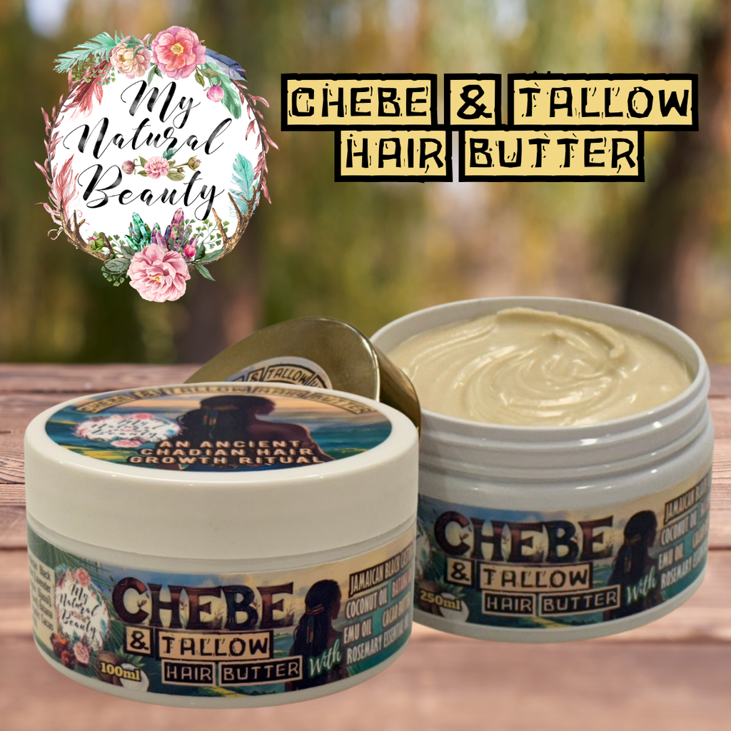 Two containers of Chebe & Tallow Hair Butter with a decorative logo in the corner.