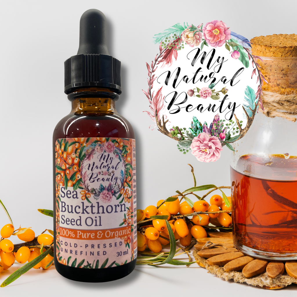 Bottle of Sea Buckthorn Seed Oil with berries and a jar on a light background