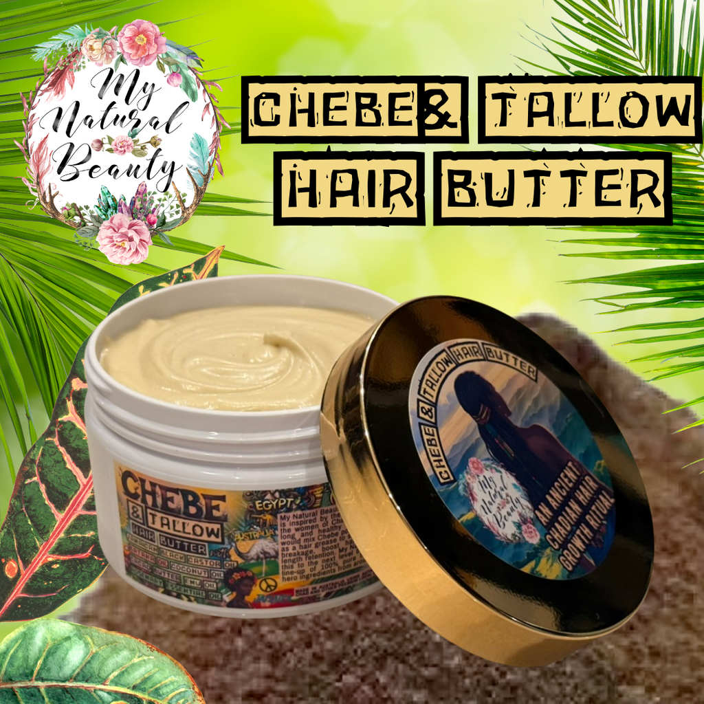 Chebe & Tallow hair butter container with lid on a green leafy background