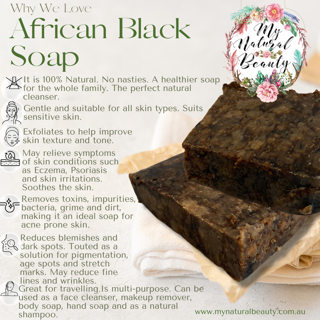 Traditional Authentic African Black soap has been known to alleviate rashes, scalp irritations, acne, blemishes, wrinkles and other skin conditions.  It softens and rejuvenates the skin. You can use this soap on your body, face, and hair. African Black Soap is deep cleaning, leaving the skin feeling fresh and healthy. It has also been known to improve the appearance of fine lines and wrinkles.