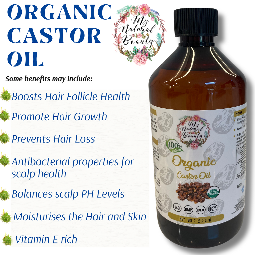 Bottle of organic castor oil with benefits listed on a white background