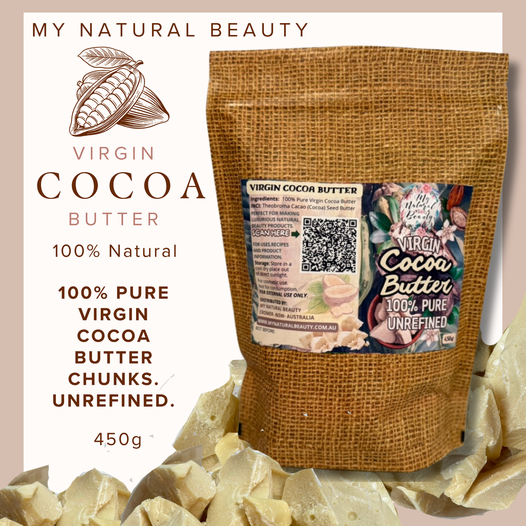 Bag of virgin cocoa butter with a label on a beige background