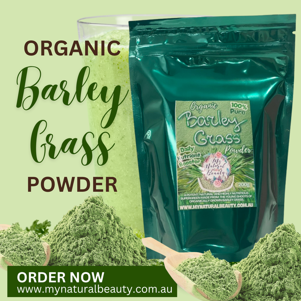 Teal package of organic barley grass powder with text and a green background