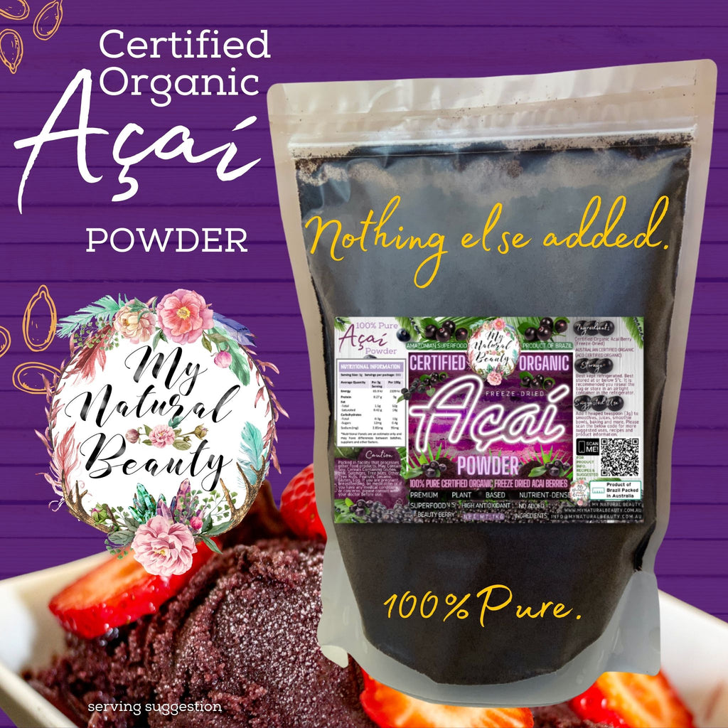  My Natural Beauty’s Organic Acai powder is made from freeze-dried acai berries, that contain tremendous health promoting benefits. Acai berries have more antioxidants than almost any other fruit and contain high levels of essential fatty acids, amino acids and dietary fibre. Acai berries are considered a superfood and are native to the Amazon forests in Brazil. They are a beautiful deep purple colour and boast a variety of health benefits.