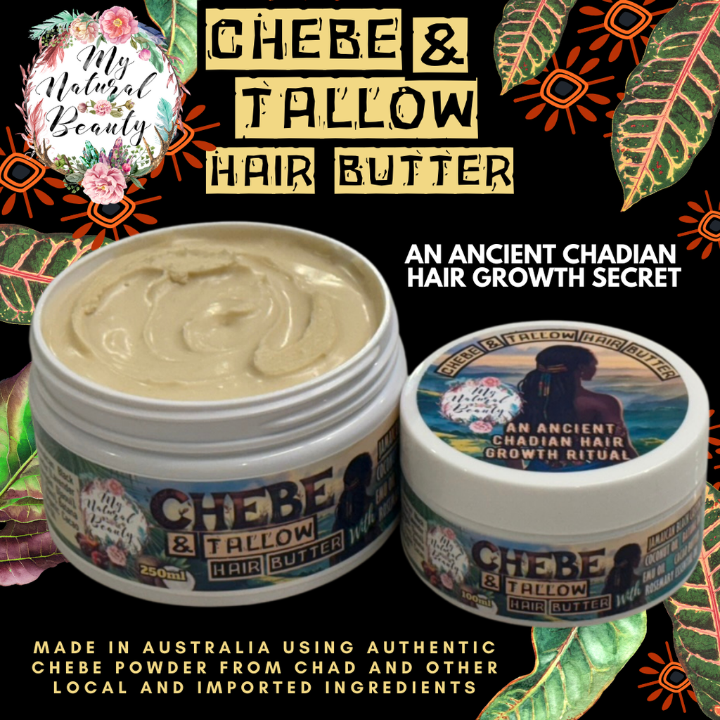 Chebe & Tallow hair butter jar with label on a decorative background