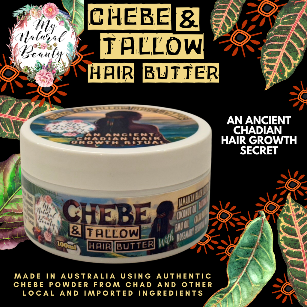 Chebe & Tallow Hair Butter container with decorative elements and text on a black background