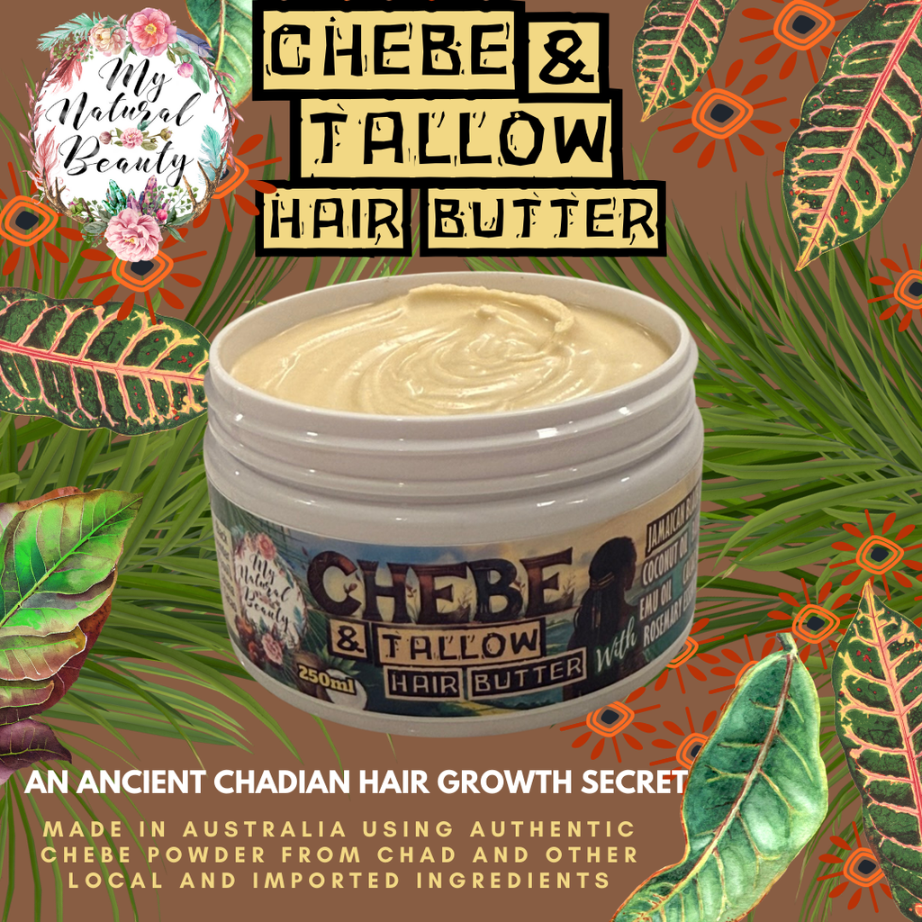 Jar of Chebe & Tallow Hair Butter with decorative elements and text on a leafy background