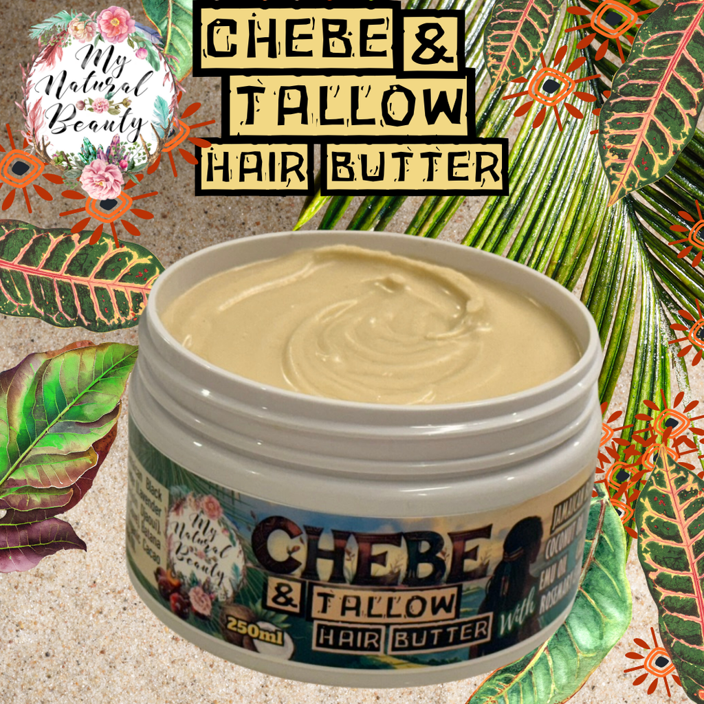 Jar of Chebe & Tallow Hair Butter with decorative background