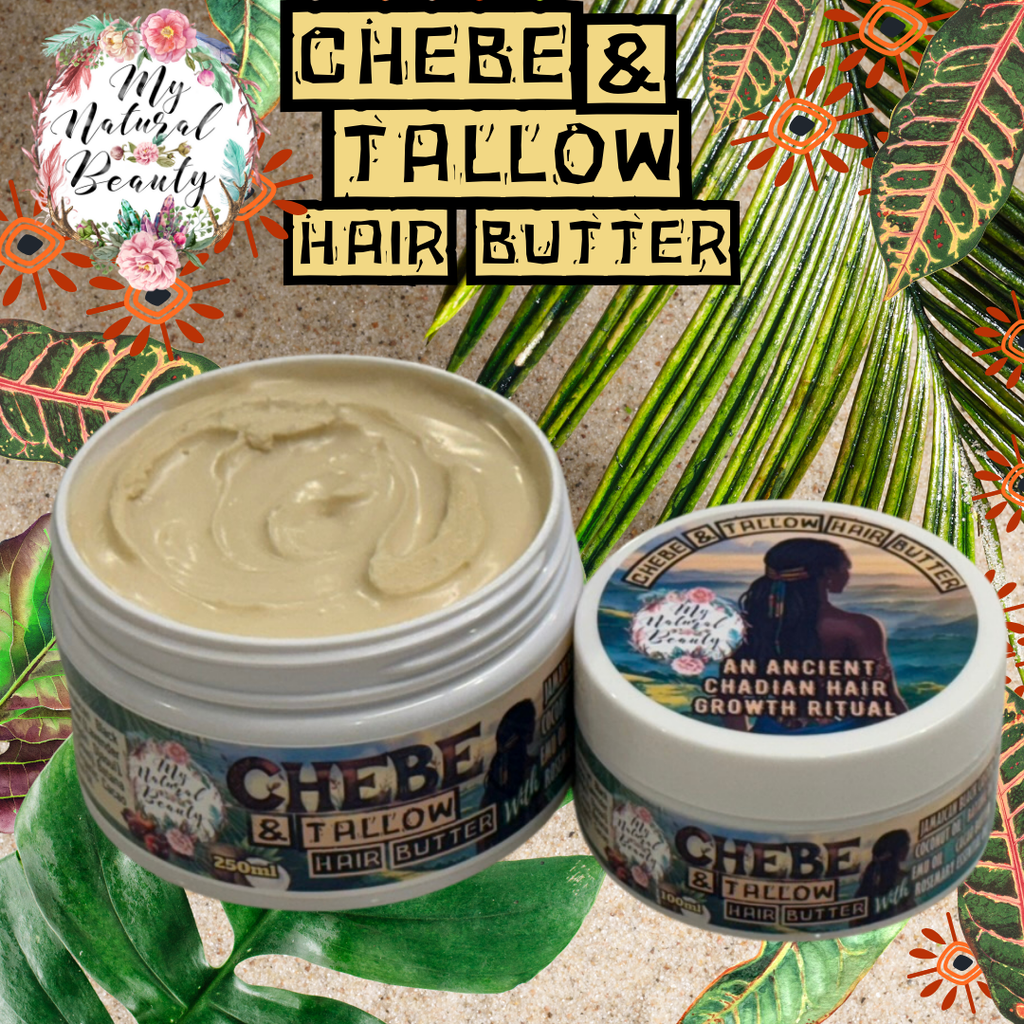 Chebe & Tallow hair butter jar with a smaller container on a natural background with leaves.