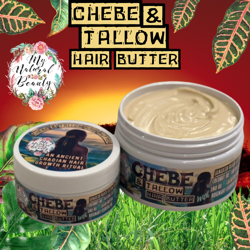 Chebe & Tallow Hair Butter jar with decorative elements on a colorful background