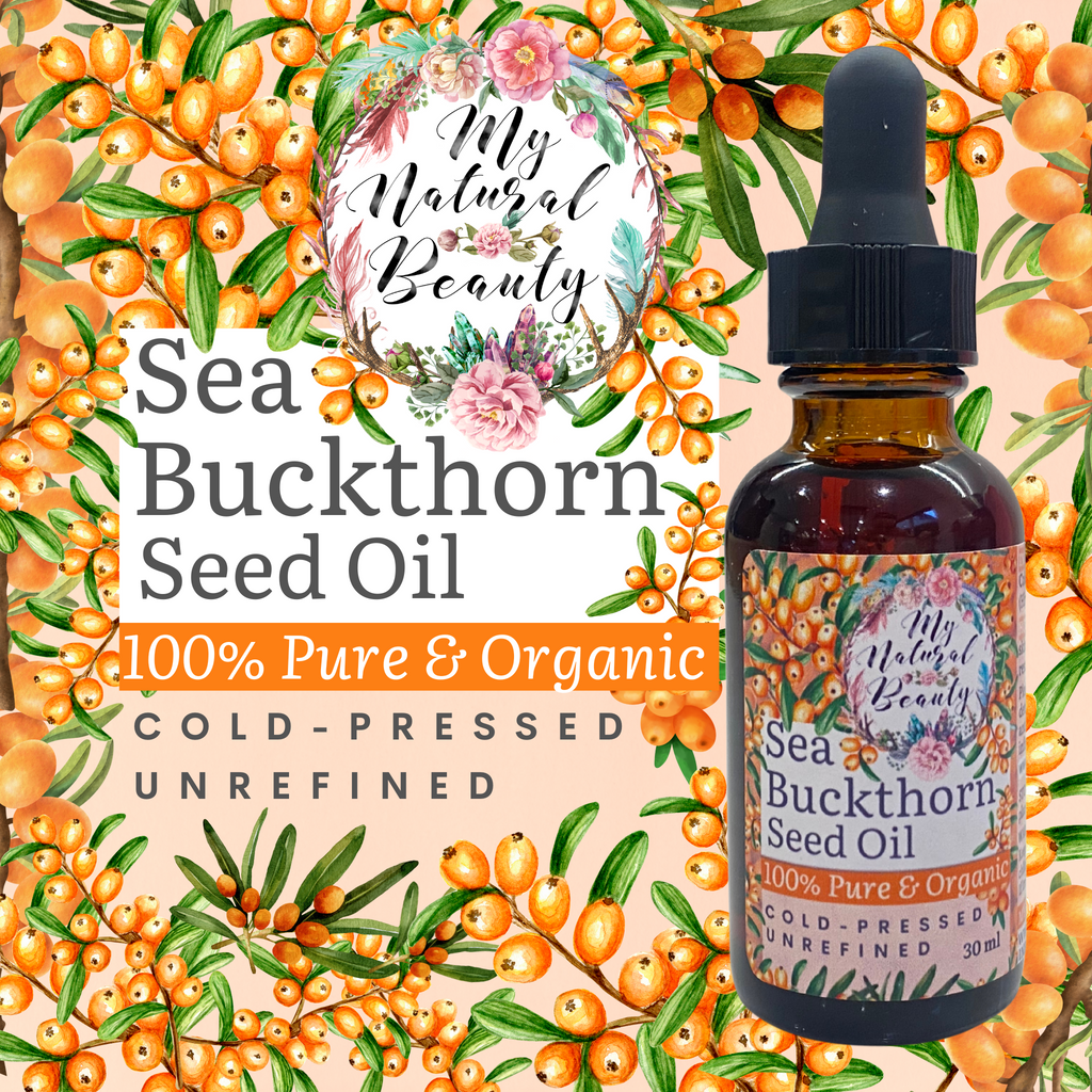 Bottle of Sea Buckthorn Seed Oil with decorative elements and 'My Natural Beauty' branding.