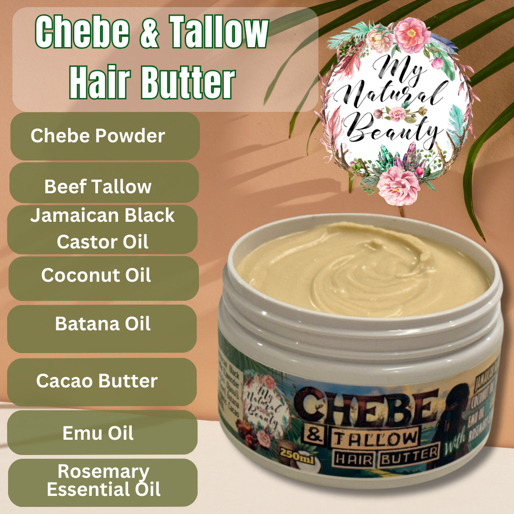 Chebe & Tallow Hair Butter with ingredients listed on a beige background