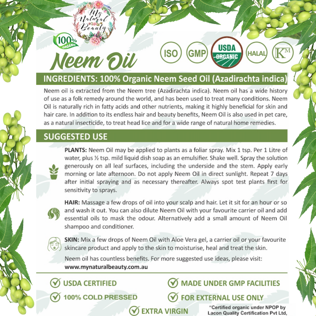 Azadirachta Indica  100% Pure Organic Neem Seed Oil     Organic neem oil contains an active ingredient called azadirachtin, which acts as a natural pesticide for organic gardening.