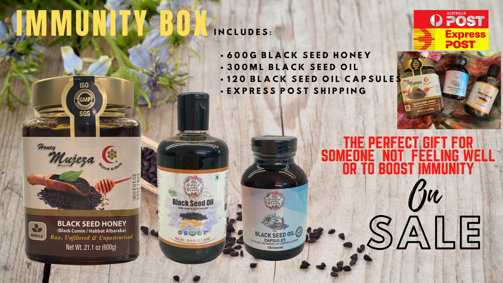 THE IMMUNITY BOX- Mujeza Black Seed Honey 600g, Black Seed Oil 300ml and 120 Black Seed Oil Capsules