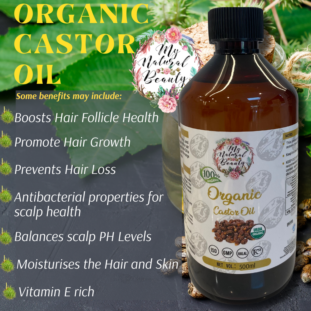 Bottle of organic castor oil with benefits listed on a natural background
