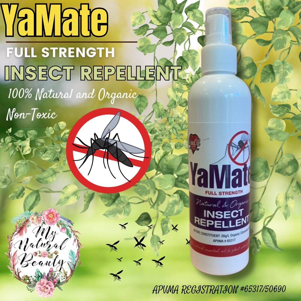 YaMate insect repellent spray bottle with green leaves in the background