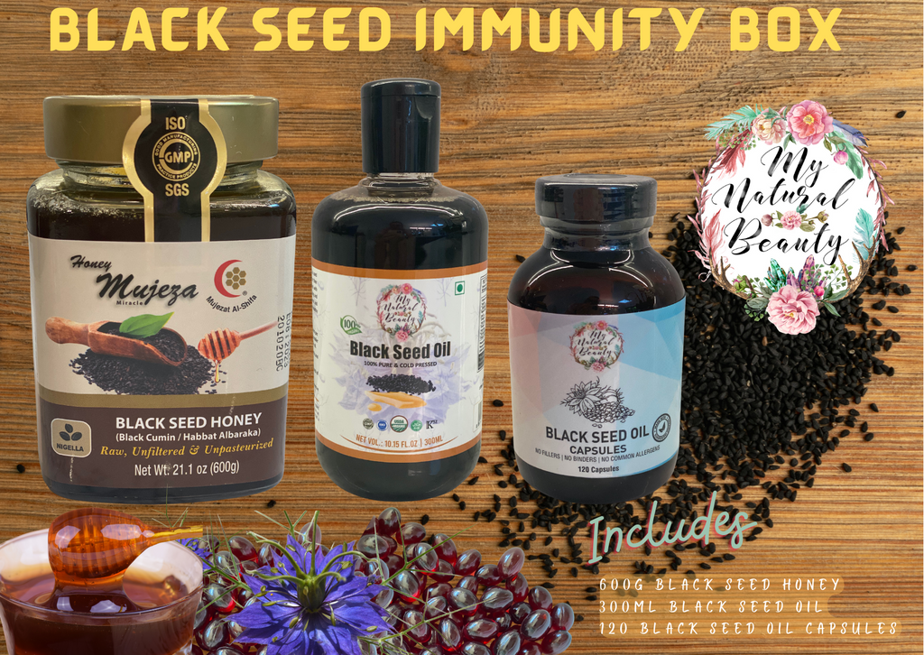 THE IMMUNITY BOX- Mujeza Black Seed Honey 600g, Black Seed Oil 300ml and 120ml Black Seed Oil Capsules