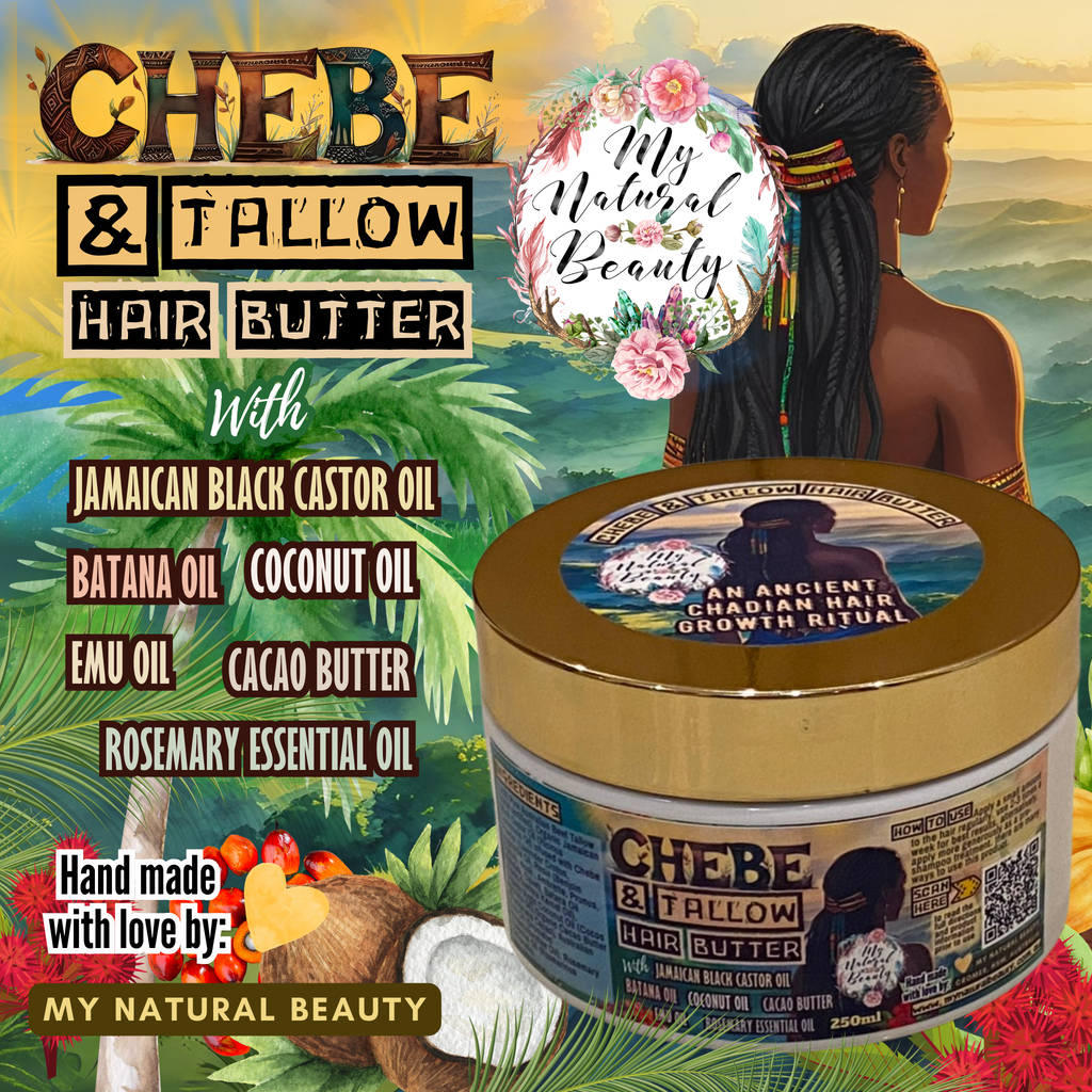 Chebe & Tallow Hair Butter packaging with palm trees and woman in background