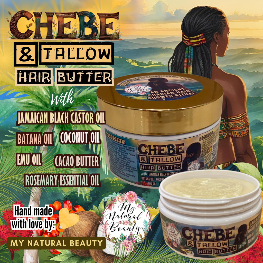 Advertisement for Chebe & Tallow hair butter with a woman and natural elements in the background