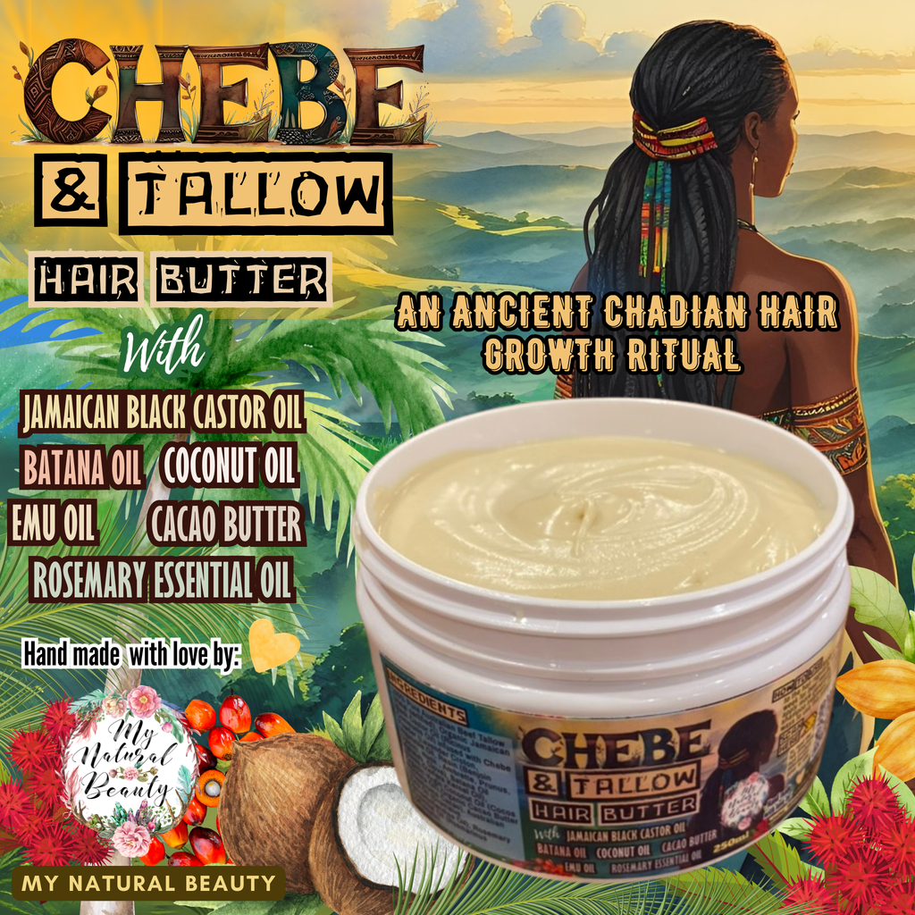 Chebe & Tallow hair butter packaging with tropical background and woman with braided hair.